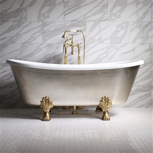 'SIMONA73' 73" CoreAcryl WHITE Acrylic French Bateau Clawfoot Tub with Umber Wash Aged Silver Leaf Exterior plus Faucet Package