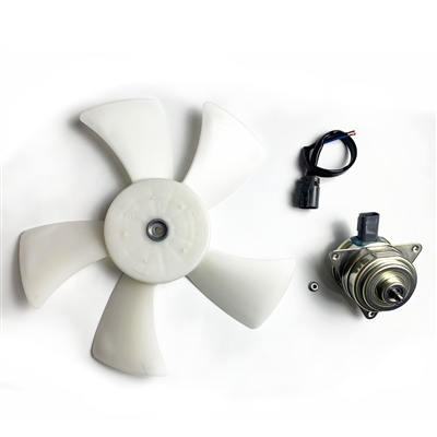 Replacement Radiator Cooling Fan Motor, Blade, and Replacement connector.