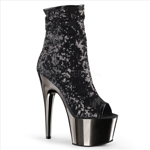 Black Sequins Dark Pewter Chrome Ankle Boots