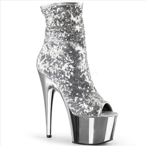 Silver Sequins And Silver Chrome Ankle Boot