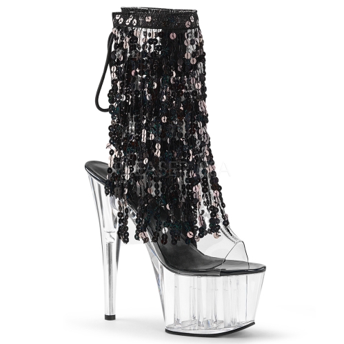 Clear Platform Black Holo Sequins Fringe Boot