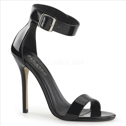 Women's dance and style shoes are these 5 inch heel, close back sandal with buckle ankle strap in black shiny patent. The stiletto heel is sharp and very eye-catching.