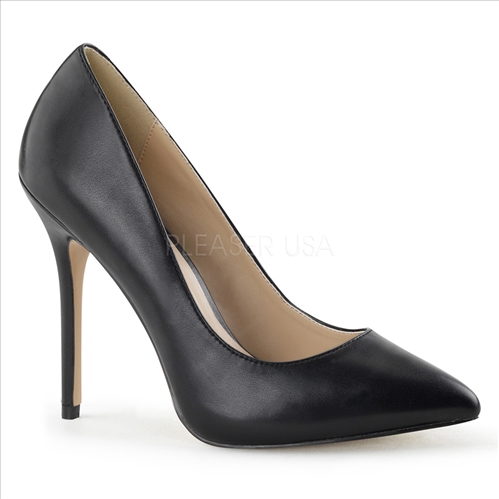 The 3/8 inch hidden platform which adds comfort by reducing the slope of the 5 inch stiletto heel, and black faux leather and a pointed toe