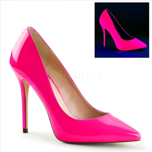 The secret 3/8 inch hidden platform which adds comfort by reducing the slope of the 5 inch stiletto heel. Featuring neon fuchsia patent leather and a pointed toe.