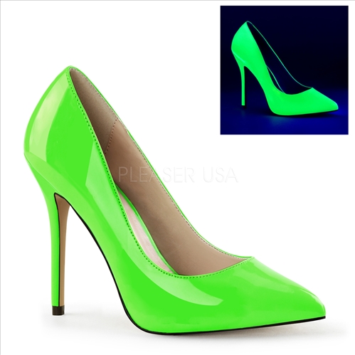 These shoes have a 3/8 inch hidden platform which adds comfort by reducing the slope of the 5 inch stiletto heel.  Available in neon green patent leather.