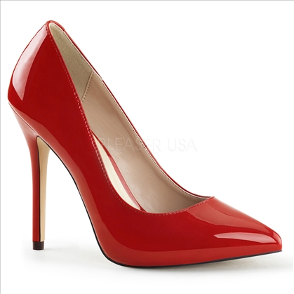 The  red shiny patent leather and a pointed toe are sexy for these 3/8 inch hidden platform and 5 inch stiletto heels that are glamour girl ready.