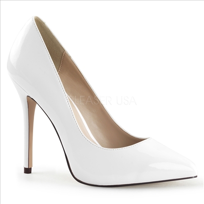 Featured here in white patent leather and a pointed toe, these glamour girl shoes have a 3/8 inch hidden platform which adds comfort to the 5 inch stiletto heel.