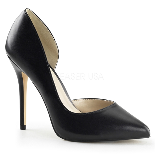 These D'Orsay pumps feature black faux leather style with the 5 inch heel and pointed toe. The inside arch of the shoe is open while the back of the shoe curves.