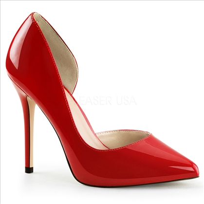 With a 5 inch stiletto heel,  these hot red D'Orsay pumps are styled with an open inner insole. They have a 3/8 inch hidden platform along with the pointed toe.