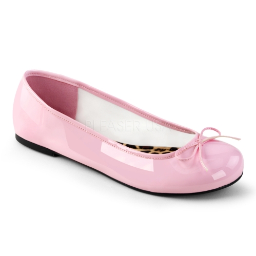 Enjoy these baby pink patent leather adult ballet flats in sizes 9 through 16. Very comfortable and easy to wear are these classic flats with a simple bow accent.