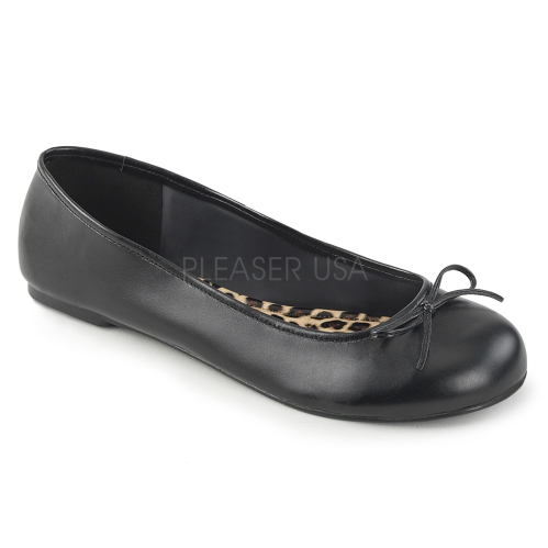 An inexpensive black faux leather adult ballet flats are priced at $40.95 and are available in sizes 9 to 16. It has the classic bow style tie and easy wear design.