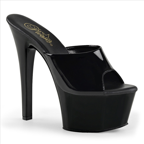 The vegan leather insole is featured in these 6 inch heel, 2 1/2 inch platform slide stripper shoes. Shown here in all black patent leather with a little wider insole.