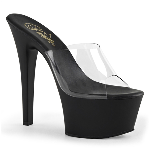 This new style of shoe comes with a wider insole, wider base, and wider heel which makes them easy to walk, dance and prance in all black shoe and clear vamp. 