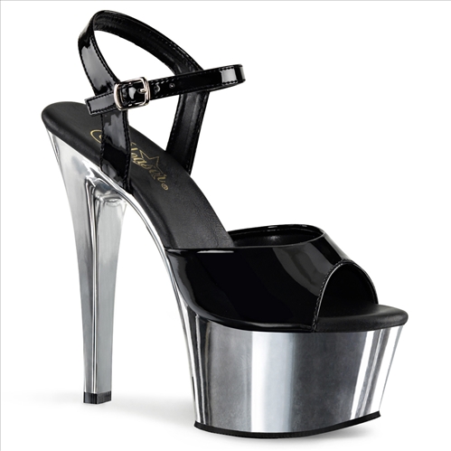 The shiny chrome is silver in these stunning 6 inch heel, 2 1/4 inch platform, black vegan leather insole, wider stripper shoes in black patent leather ankle straps.