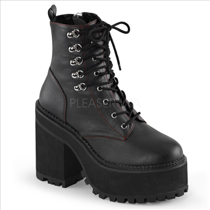 The Demonia women's vegan boot is featured here with a 4 3/4 inch block heel, 2 1/4 inch platform, double D-ring, lace up front, ankle boot with red stitch detail. 
