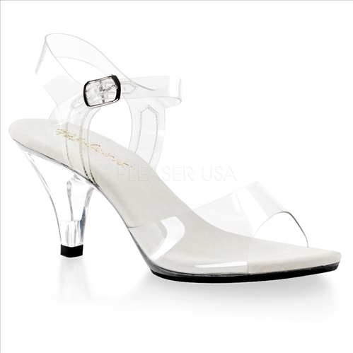 Our lowest heel posing shoe are these 3 inch, super sturdy, clear ankle strap sandals. With a flat sole and open toe design, these shoes are very comfortable.