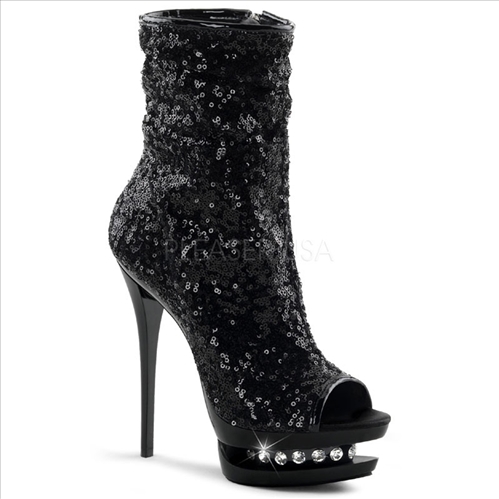 These New York fashion boots are styled with black sequins and feature rhinestone accents in the mid-platform of these full inner side zipper midcalf boots.