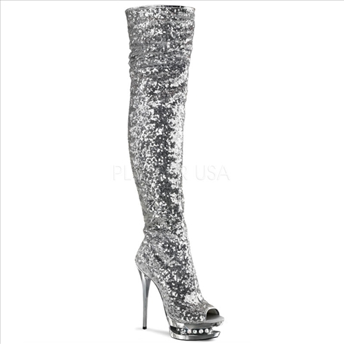 West Coast design are these thigh high boots that feature silver sequence on silver with rhinestones embellishment in the mid-platform.