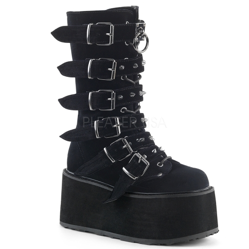 Black Velvet Lace-Up Mid-Calf Boot