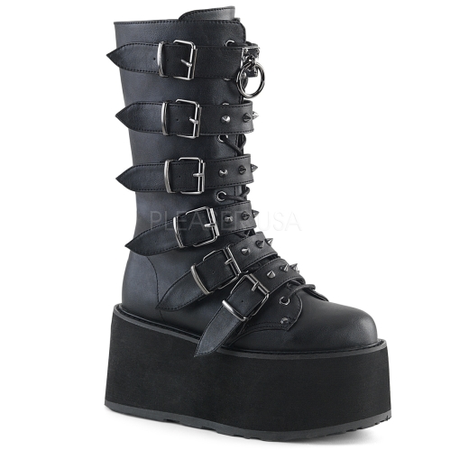 Black Vegan Leather Lace-Up Mid-Calf Boot