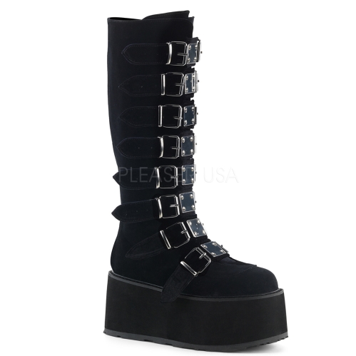 Black Velvet Knee High Boot With 8 Buckle Straps