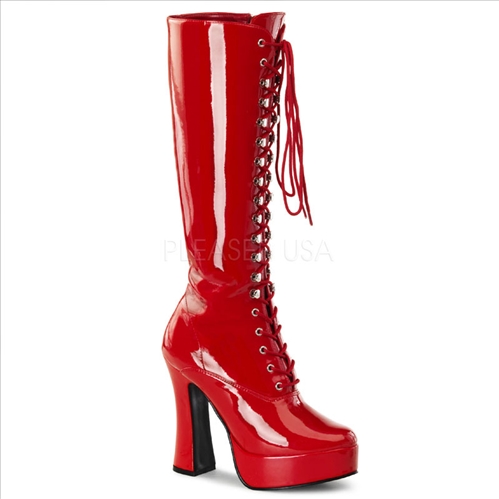 shiny red patent knee-high go-go boots chunk heel