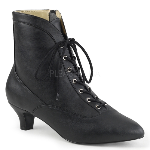 low heel Victorian mid-calf boot in black faux leather