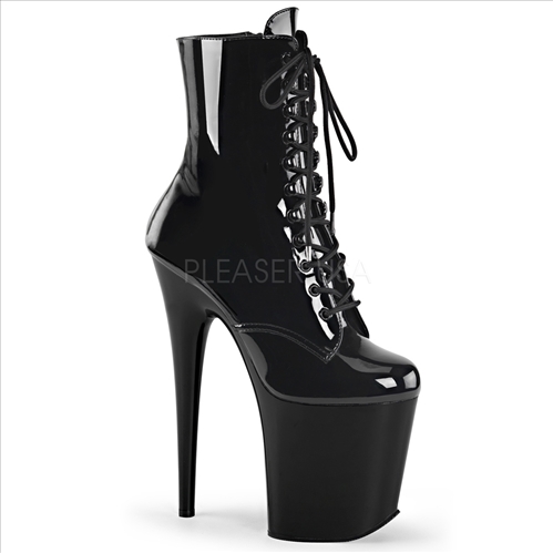 8 inch heel  4 inch platform closed toe ankle boots black shiny patent