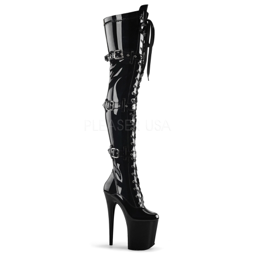lace up front thigh high boots with belt buckles in shiny black patent