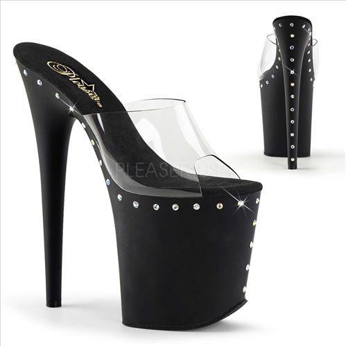 rhinestone lined 8 inch black patent clear top strapless stripper shoes