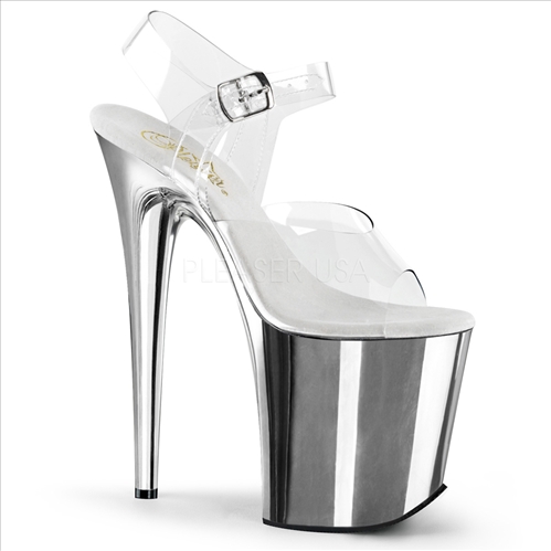 8 inch silver chrome and clear top ankle strap stripper shoes