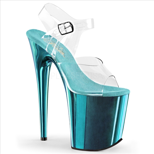 8 inch heel turquoise chrome clear top ankle strap stripper shoes
