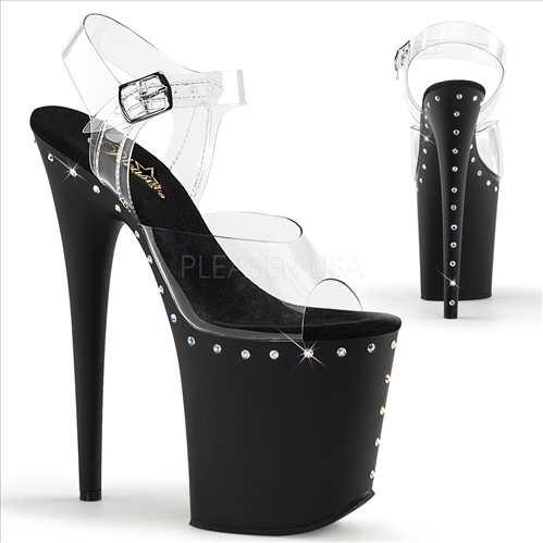 8 inch heel all black with clear ankle strap exotic stripper shoes lined with AB Crystal
