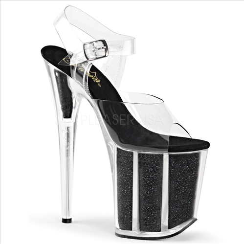 8 inch heel exotic stripper shoes black glitter black insole and clear ankle straps