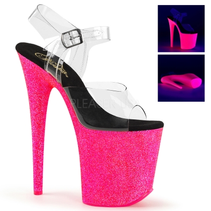 neon stripper shoes in UV reactive glitter pink 8 inch heel