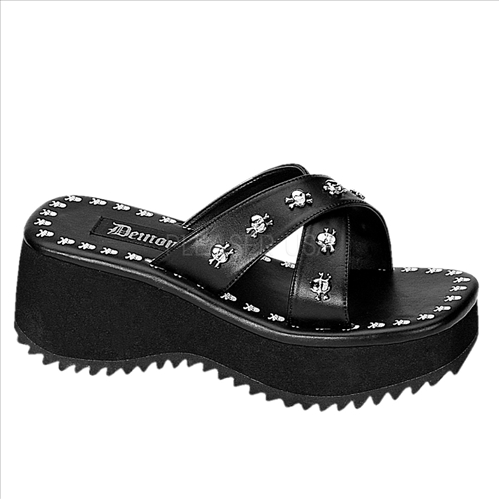 black vegan leather 2  half inch platform flip flop sandals by Demonia