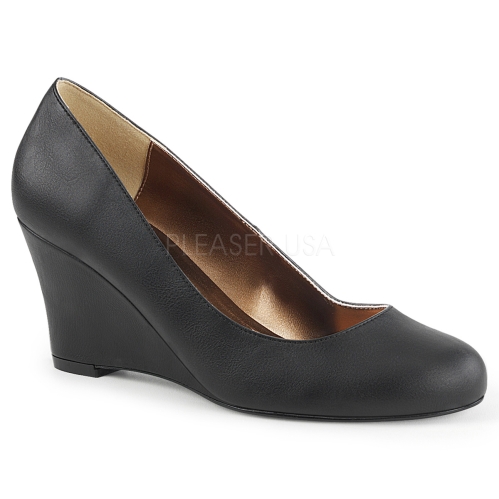 Comfortable 3 Inch Wedge Pump Black Faux Leather