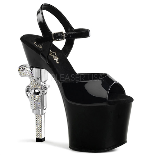 Revolver Heel Black Patent Ankle Strap Shoe