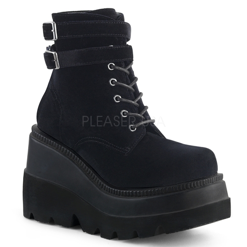 Black Velvet Wedge Platform Lace-Up Ankle Boot