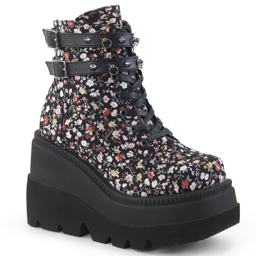 Floral Fabric Wedge Platform 2 Strap Ankle Boot