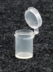 Bottles, Jars and Tubes:  050650 - 0.04 oz 1/2 inch diameter, clarified natural polypropylene; small round hinged-lid containers Lacons