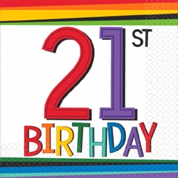 RAINBOW BDAY AGE 21 BEVERAGE NAPKINS