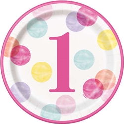 Pink Dots First Birthday 9 Inch Plates