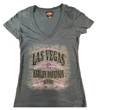 Ladies Gray & Pink Las Vegas Harley-Davidson Burnout V-Neck