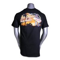 men's black Las Vegas Harley-Davidson shortsleeved tshirt with bright orange sunset behind Welcome sign & bike silhouette