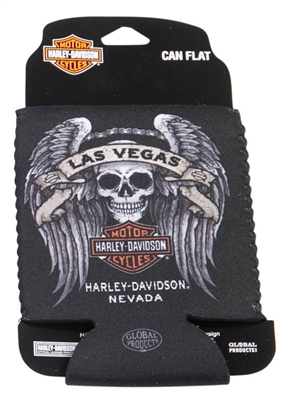 Black Las Vegas Harley Coozie - Traditional Skull  &  Wings