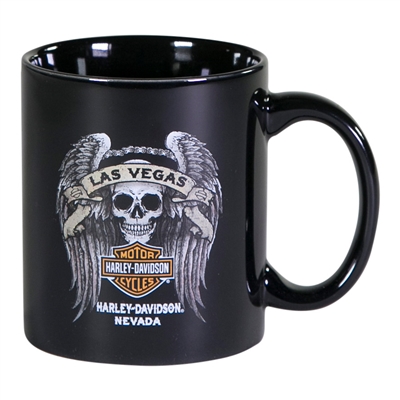 Black Las Vegas Harley Coffee Mug - Traditional Skull  &  Wings