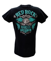 Women's Red Rock Harley V-Neck Tshirt - Teal  &  Silver Bar  &  Shield