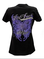 Ladies Purple Flourish Butterfly Red Rock Harley V-Neck - Black