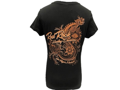 Ladies Red Rock Harley-Davidson Floral Dragon V-Neck - Blk